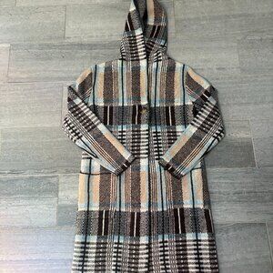 Love Token Long Line One Button Hooded Sweater Coat Plaid Size Small